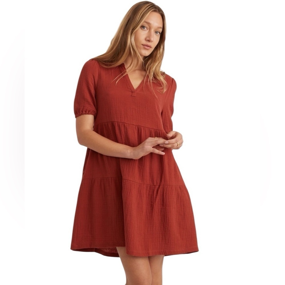 Drew Amber Tiered Cotton Gauze
Half Puff Button Sleeve Mini Sheath Dress SZ S